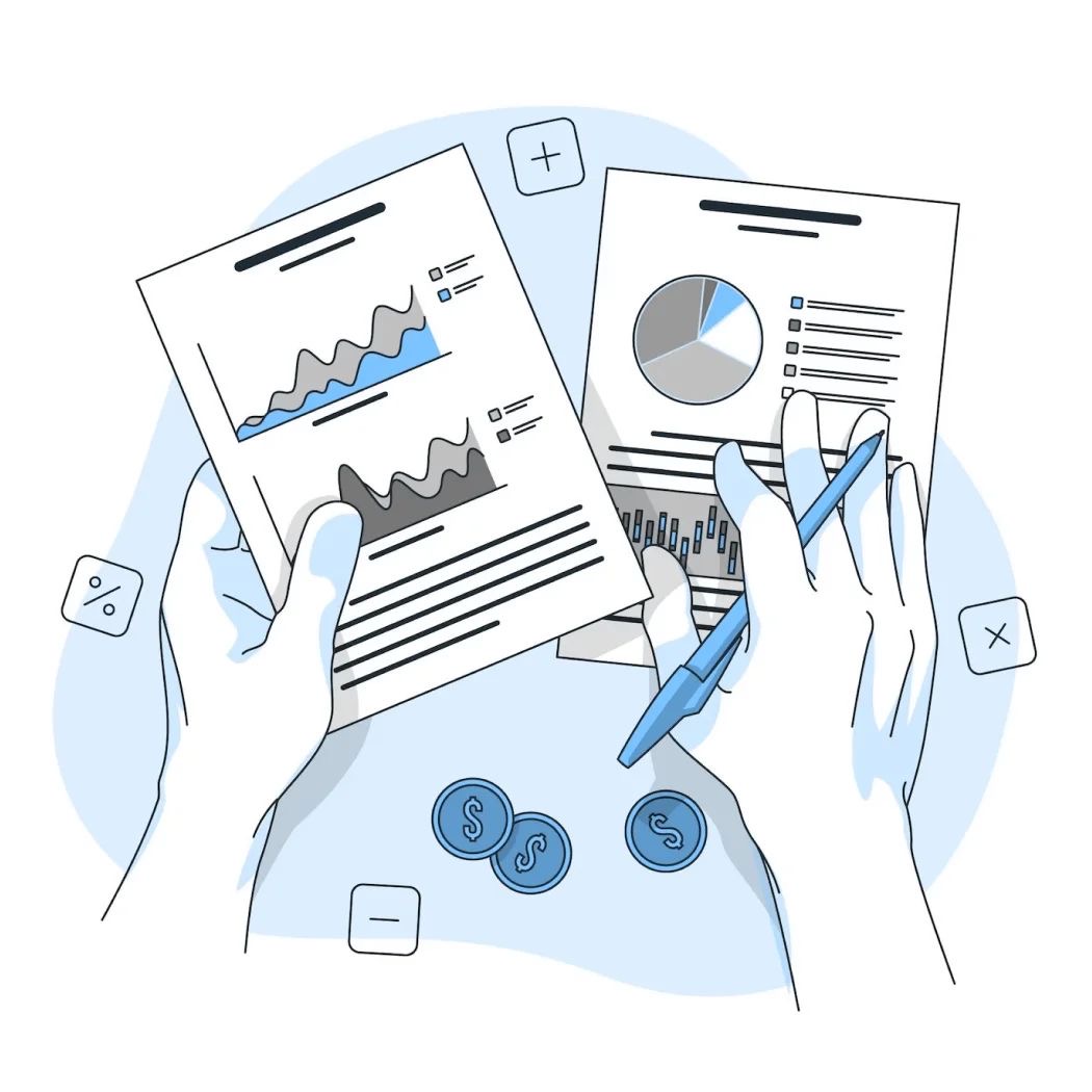 Illustration of hands reviewing financial reports and charts