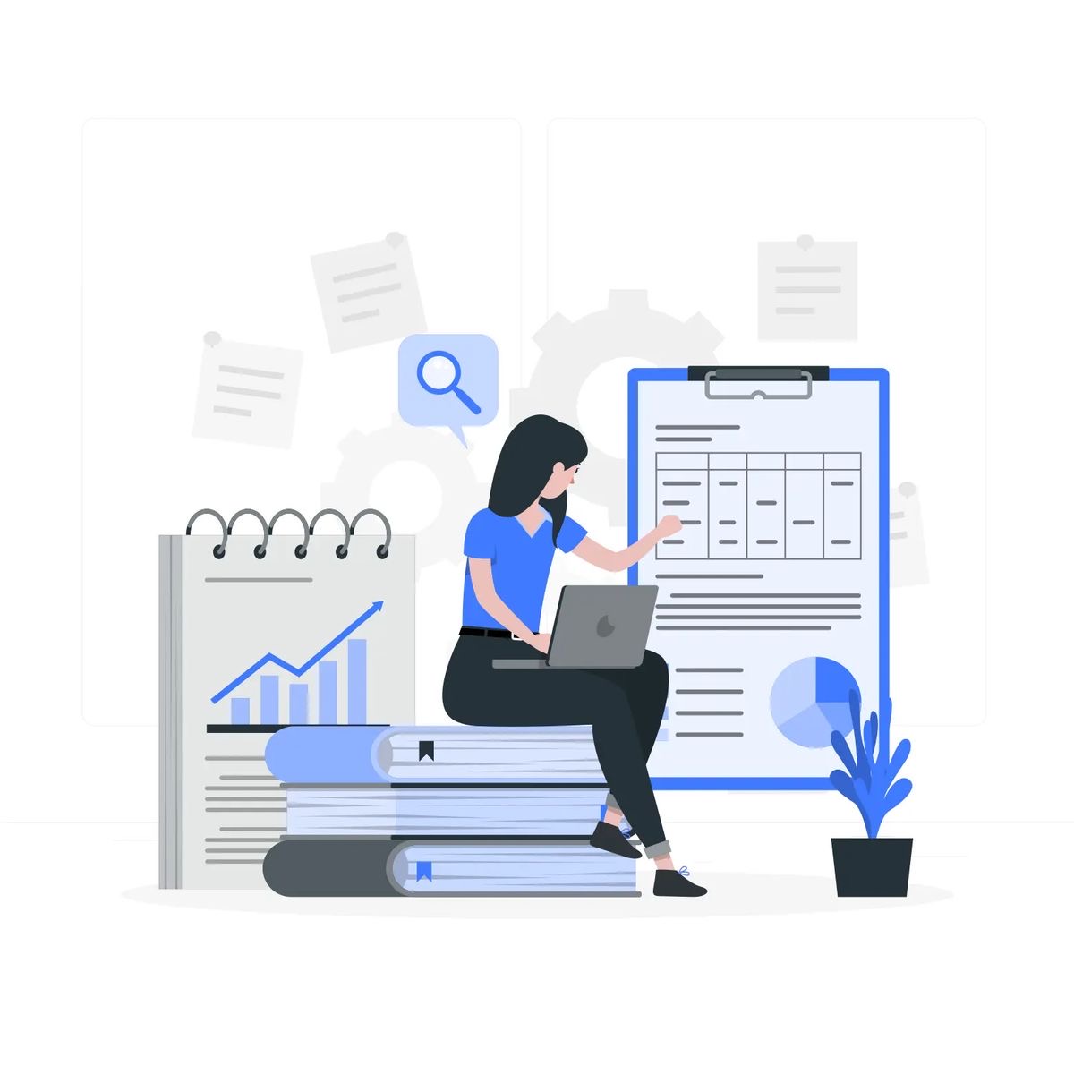 Illustration of a person analyzing dashboards and reports